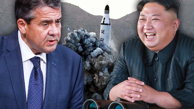 Deutschlands Außenminister Sigmar Gabriel und Nordkoreas Machthaber Kim Jong Un (Bild: AFP/KCNA, AP, STR/KCNA VIA KNS/AFP, krone.at-Grafik)