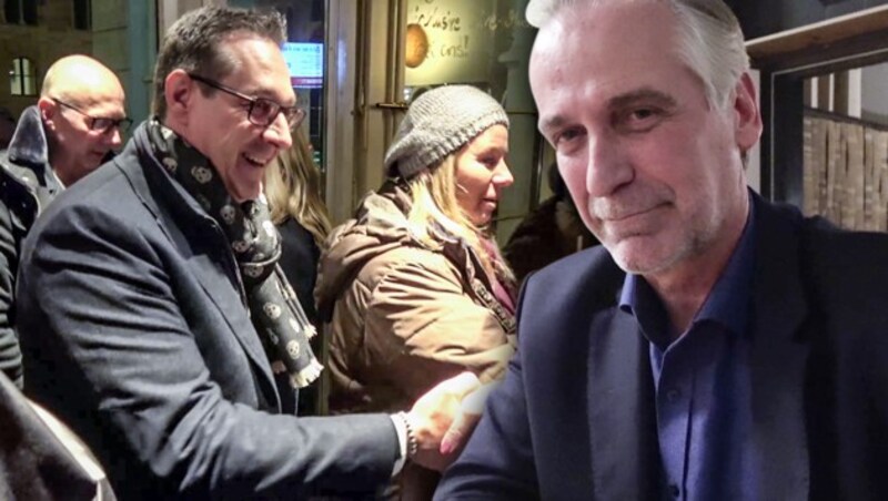 Strache beim Wirte-Protest, der von Szenegastronom Heinz Pollischansky (re.) organisiert wurde (Bild: krone.tv, krone.at-Grafik)