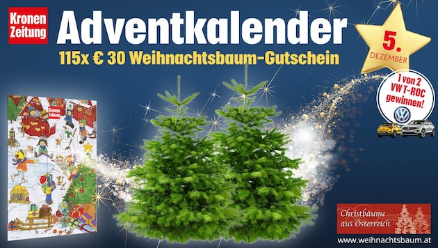 (Bild: Kronen Zeitung, VW, weihnachtsbaum.at)