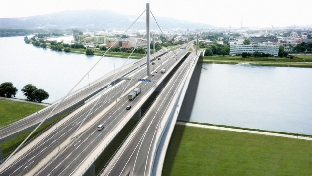 So wird die Voest-Brücke mit den Bypässen (Zusatzbrücken) einmal aussehen. (Bild: Asfinag)
