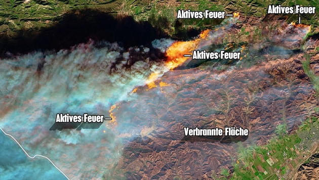 Aktive Feuer und verbrannte Flächen in Ventura County (Bild: ESA, krone.at-Grafik)