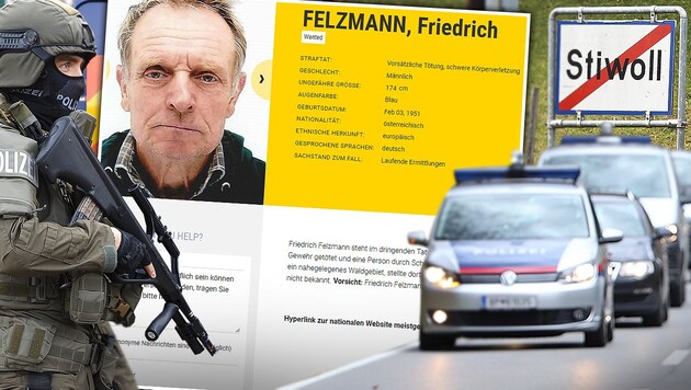 Friedrich Felzmann wird weltweit gesucht. Der Steirer ist seit fünf Jahren verschwunden. (Bild: eumostwanted.eu/de, Sepp Pail, APA/SCHERIAU, Krone kreativ)