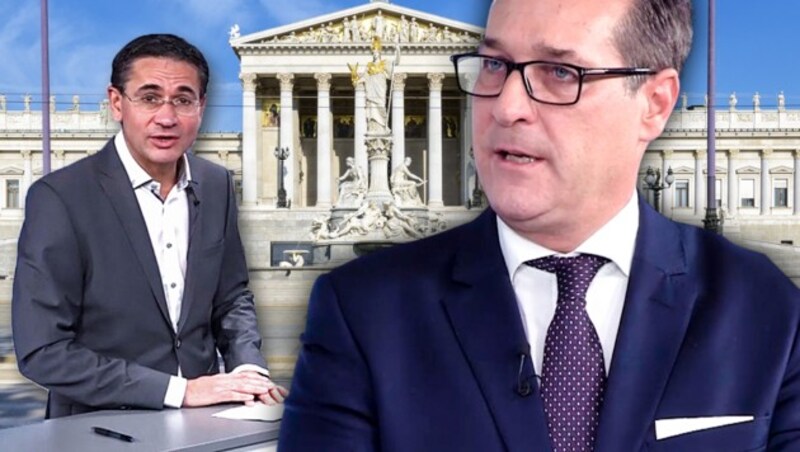 Heinz-Christian Strache im Talk mit "Krone"-Moderator Gerhard Koller (Bild: krone.tv, stock.adobe.com)