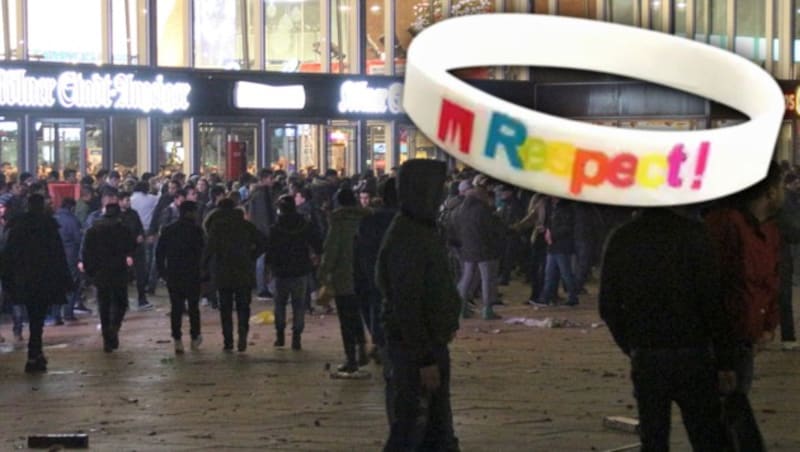 Köln: Besucher erhalten in der Silvesternacht ein Armbändchen als Zeichen gegen sexuelle Gewalt. (Bild: twitter.com, dpa, krone.at-Grafik)