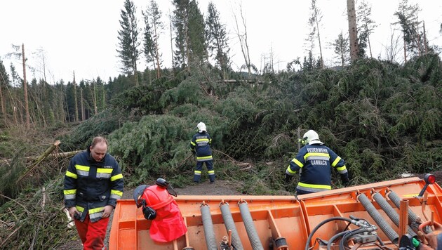 Katastrophenhilfsdienst: Kevin Naterer (li.) mit den Kollegen von der Lannacher Feuerwehr. (Bild: sepp pail)