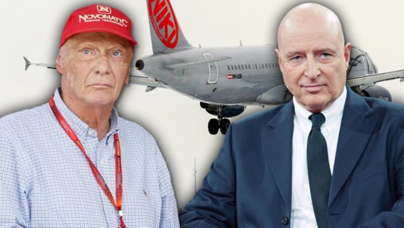 Rettet Niki Lauda (li.) die Airline? AUA-Chef Kay Kratky (re.) bot Niki-Mitarbeitern neue Jobs an. (Bild: AFP, APA, dpa, krone.at-Grafik)