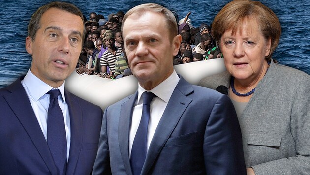 EU-Flüchtlingspolitik: Kern und Merkel schießen scharf in Richtung EU-Ratspräsident Tusk. (Bild: APA, AP, krone.at-Grafik)