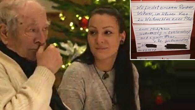 Herr Kühne und Lisa, deren Posting alles ins Rollen gebracht hatte, feiern für "Stern TV" Weihnachten vor - den Pensionisten rührt es zu Tränen. (Bild: Screenshot "Stern TV")