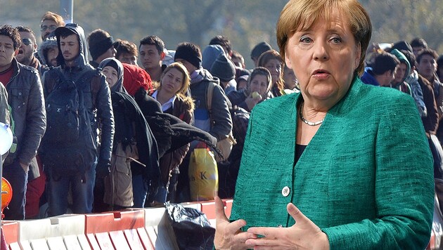 Deutschlands Kanzlerin Angela Merkel ist wegen des Asylthemas in Bedrängnis geraten. (Bild: APA/BARBARA GINDL, AP, krone.at-Grafik)