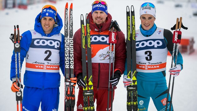 Federico Pellegrino, Sergej Ustjugow und Lucas Chanavat – das Podest der Top-3- bei den Herren (Bild: AFP)