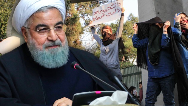 Zunächst stand Präsident Hassan Rouhani im Visier der Demonstranten. Mittlerweile wird gegen das gesamte System protestiert. (Bild: APA/AFP/STR, APA/AFP/IRANIAN PRESIDENCY, krone.at-Grafik)