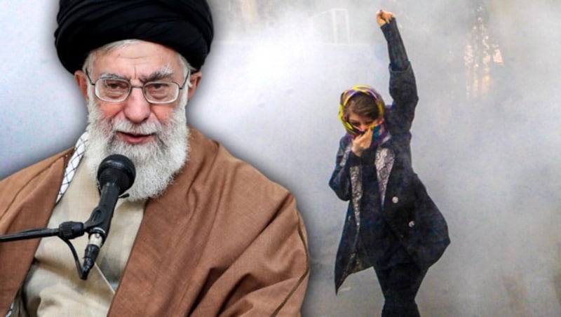 Ayatollah Ali Khamenei sieht "Feinde des Iran" im Ausland hinter den Protesten. (Bild: AP, krone.at-Grafik)