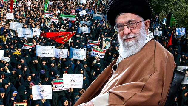 Ayatollah Ali Khamenei sieht sich mit Massenprotesten konfrontiert. (Bild: AP, krone.at-Grafik)
