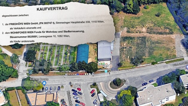 Bestlage in Pötzleinsdorf zum Quadratmeterpreis von 109,70 Euro: Die Friedhöfe Wien verkauften das Grundstück (rechts oben) neun Millionen Euro unter dem aktuellen Marktwert. (Bild: "Krone", krone.at-Grafik)