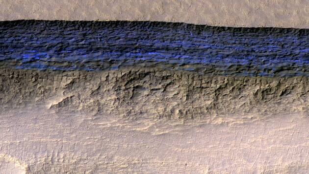 Eine Schicht mit besonders klarem, reinem Wasser (blau) auf dem Mars (Bild: NASA/JPL-Caltech/UA/USGS)