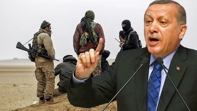 Der türkische Präsident Recep Tayyip Erdogan fühlt sich vom NATO-Partner USA hintergangen und betrachtet die kurdisch-arabische "Grenzschutzruppe" in Nordsyrien als Terrorgefahr. (Bild: AFP, krone.at-Grafik)