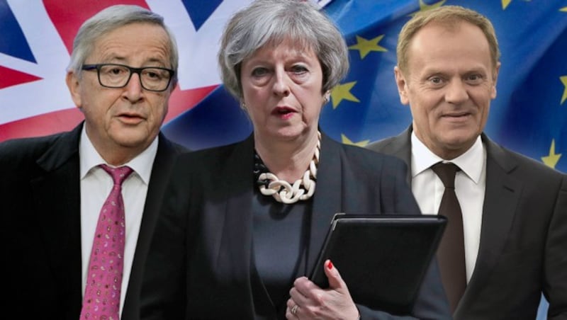 EU-Kommissionspräsident Jean-Claude Juncker, Großbritanniens Premierministerin Theresa May und EU-Ratspräsident Donald Tusk (Bild: AP, APA, AFP, krone.at-Grafik)