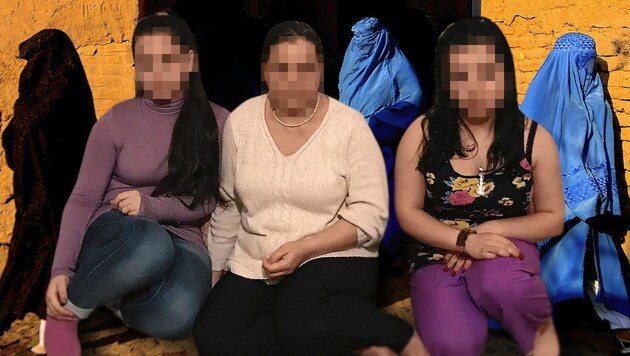 Die drei Afghaninnen in ihrer Wiener Wohnung. Aus Angst vor Erkennung baten sie darum, ihre Gesichter unkenntlich zu machen. (Bild: Martina Prewein, AFP, krone.at-Grafik)