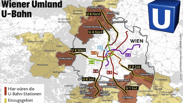 Neues Öffi-Streckennetz: Die ersten konkreten Pläne liegen jetzt auf dem Tisch. (Bild: Land Niederösterreich, "Krone"-Grafik)
