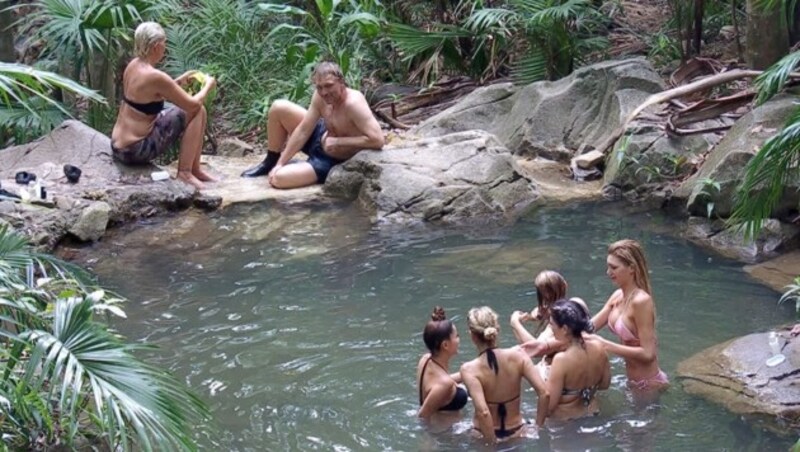 Ansgar geht mit den Dschungel-Ladys baden. (Bild: RTL)