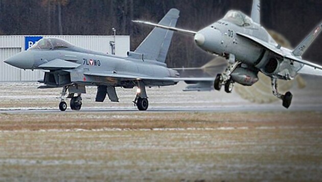 Eurofighter und Kampfjets vom Typ F-18 Hornet auf gemeinsamer Mission (Bild: instagram.com, krone.at-Grafik)