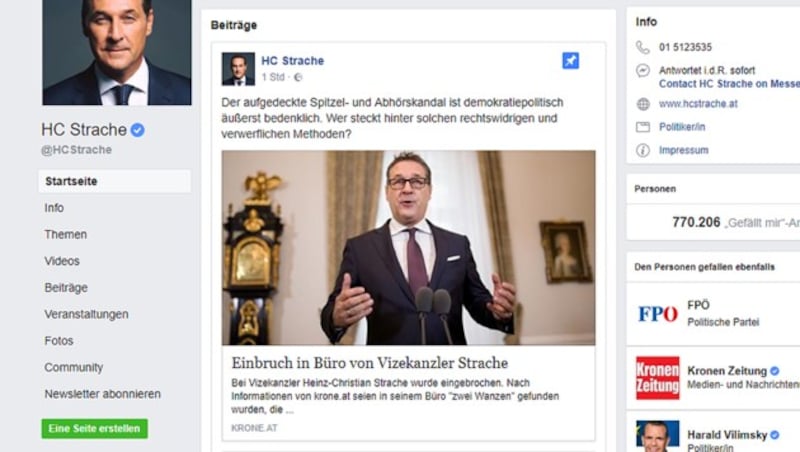 Vizekanzler Strache auf Facebook: "Der aufgedeckte Spitzel- und Abhörskandal ist demokratiepolitisch äußerst bedenklich." (Bild: facebook.com/HCStrache)