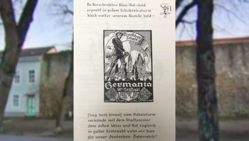 „Deutsch und treu in Not und Tod“, lautet das Motto der Germania zu Wiener Neustadt. (Bild: twitter.com, tvthek.orf.at, krone.at-Grafik)