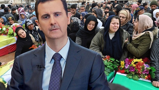 Bashar al-Assad, im Hintergrund trauernde Kurden (Bild: AFP)