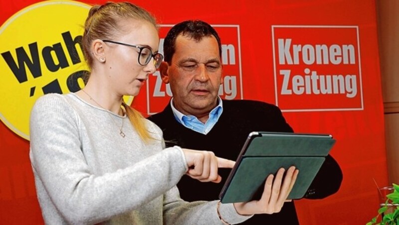 "Kärntner Krone"-Redakteurin Clara Milena Steiner zeigt Helmut Nikel (BZÖ) wie das Wahl-iPad funktioniert. (Bild: Evelyn HronekKamerawerk)