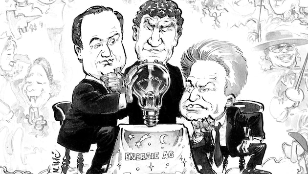 Eine der ältesten "Krone"-Karikaturen von Milan Ilic vom 16. Februar 2001: Erich Haider, vormals SPÖ-Chef, Hans Achatz, vormals FPÖ-Chef, leider schon verstorben, und Josef Pühringer, ÖVP, vormals LH. Es ging um die Zukunft der Energje AG. (Bild: Milan A. Ilic)
