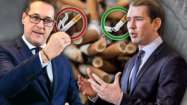 Vizekanzler Heinz-Christian Strache greift regelmäßig zur Zigarette, Kanzler Sebastian Kurz ist Nichtraucher. (Bild: APA/dpa, APA, krone.at-Grafik)
