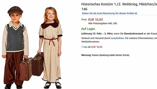 Die Bezeichnung "Flüchtling" findet sich zwar bei Amazon nicht mehr im Produktnamen, dennoch handelt es sich nach wie vor um die Verkleidung "Evacuee" des Drittanbieters "Mega Fancy Dress". (Bild: amazon.de)