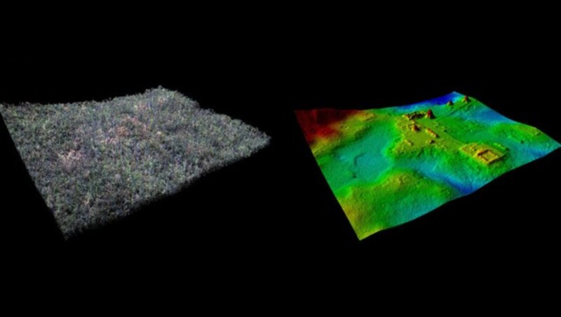 Mithilfe des Lidarsystems lassen sich 3D-Scans eines Areals anfertigen. Entfernt man anschließend die Bäume, erhält man - rechts zu sehen - ein Bild der Strukturen, die sich unter der Vegetation verbergen. (Bild: Ithaca College)