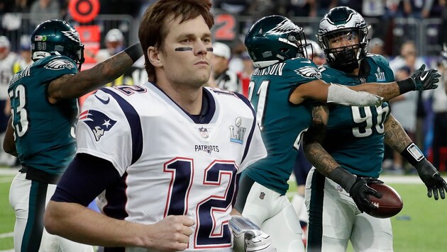 Der Außenseiter Philadelphia Eagles triumphiert im größten Sportspektakel der USA. Tom Brady (Mitte) muss dagegen einen neuen Anlauf auf seine sechste Super-Bowl-Trophäe nehmen. (Bild: AP/Matt York, AP/Matt York, krone.at-Grafik)