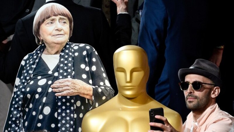 Filmer JR macht ein Selfie mit der Oscar-Statue und seiner "Face Places"-Co-Regisseurin Agnes Varda, die nicht selbst anwesend war, sonder sich von einem auf Karton gedruckten und ausgeschnittenen Foto von sich vertreten ließ. (Bild: 2018 Getty Images)