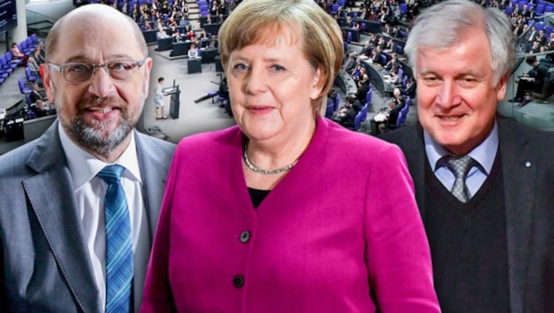 Haben sich auf die Fortführung einer großen Koalition geeinigt: Die Parteichefs Martin Schulz (SPD), Angela Merkel (CDU) und Horst Seehofer (CSU) (Bild: AP, AFP, APA/dpa, krone.at-Grafik)