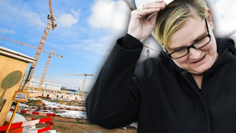 Gesundheitsstadträtin Sandra Frauenberger vor der Baustelle des Wiener Krankenhauses Nord (Bild: Martin A. Jöchl, APA/Hans Klaus Techt, krone.at-Grafik (Montage))