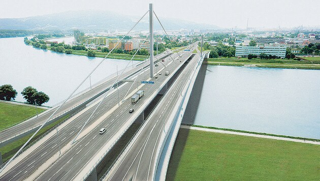 So sollen die Voestbrücke in Linz samt Bypässen künftig aussehen. (Bild: Asfinag)