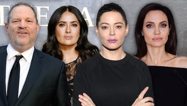 Die bekanntesten Anklägerinnen hinter dem Skandal um Harvey Weinstein: Salma Hayek, Rose McGowan, Angelina Jolie (Bild: AP, AFP, GETTY IMAGES NORTH AMERICA, krone.at-Grafik)