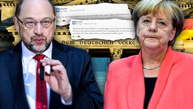 Die letzte Bundestagswahl war nicht nur für Martin Schulz, sondern auch für Angela Merkel eine herbe Niederlage. Schulz hat seinen Parteivorsitz abgegeben. Nun fordern viele, dass Merkel ebenfalls ihre Nachfolge ehebaldigst regeln sollte. (Bild: AFP, AP, krone.at-Grafik)