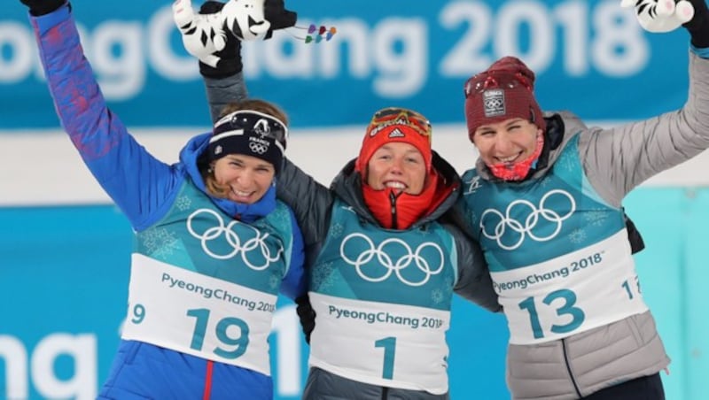 Anais Bescond (FRA), Laura Dahlmeier (GER) und Anastasiya Kuzmina (SVK) (Bild: GEPA pictures)