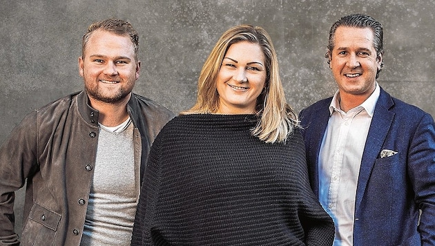 Katharina Wolf mit ihrem Mann Florian und Bruder Konstantin (links) (Bild: Kate & Kon)