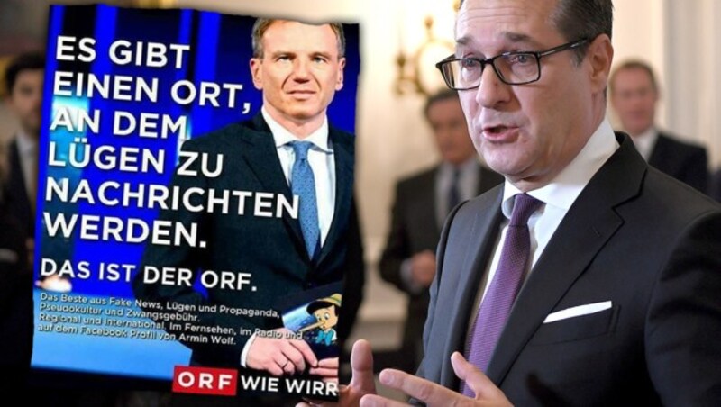 Dieses als "Satire" bezeichnete Posting über den ORF und Armin Wolf teilte Vizekanzler Heinz-Christian Strache auf seiner Facebook-Seite. (Bild: APA/Roland Schlager, facebook.com, krone.at-Grafik)