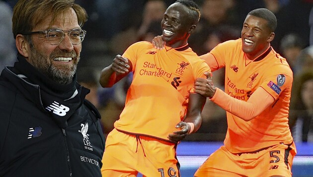 Jürgen Klopp, Sadio Mane und Georginio Wijnaldum freuen sich über den klaren Liverpool-Triumph! (Bild: APA/AFP/Geoff CADDICK, ASSOCIATED PRESS)