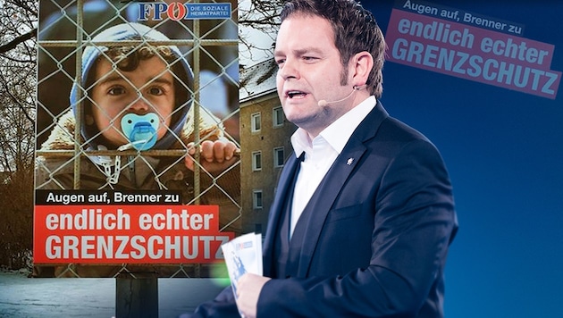 Der Tiroler FPÖ-Spitzenkandidat Markus Abwerzger ist ob der gefälschten Plakate entsetzt. (Bild: APA/EXPA/STEFAN ADELSBERGER, facebook.com, krone.at-Grafik)