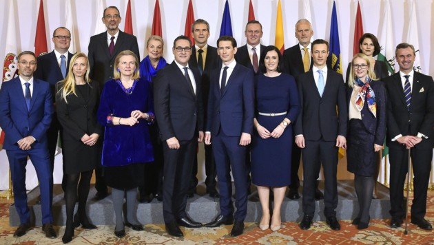 „Familienfoto“ der ÖVP-FPÖ-Bundesregierung bei der Angelobung (Bild: APA/HANS PUNZ)