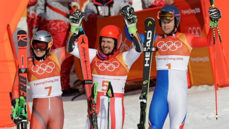 Hirscher mit Kristoffersen (li.) und Pinturault! (Bild: AP)