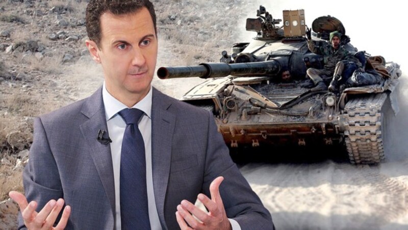 Präsident Bashar al-Assad schickt nun seine Truppen an die syrisch-türkische Grenze und unterstützt die Kurden im Kampf gegen die "Invasoren". (Bild: AFP, krone.at-Grafik)