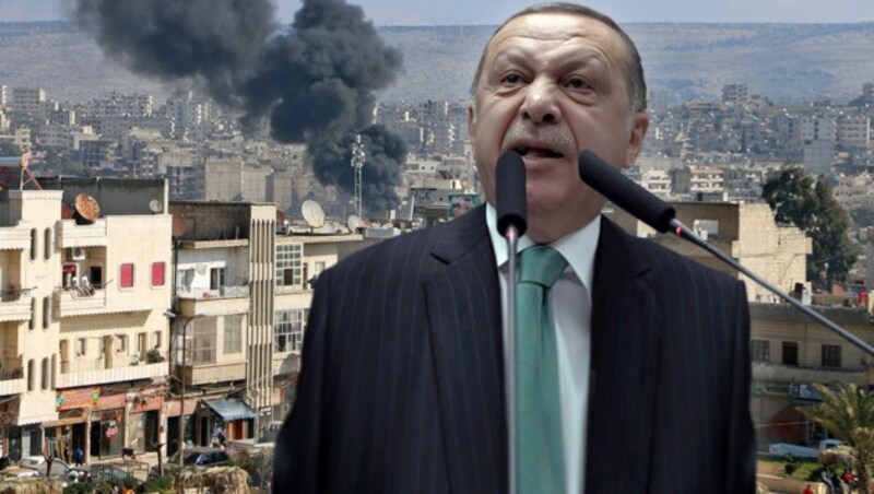 Präsident Recep Tayyip Erdogan unterstrich in Ankara einmal mehr den Willen der Türkei, die Kurden in Nordsyrien, speziell in der strategisch wichtigen Stadt Afrin, militärisch in die Knie zu zwingen. (Bild: APA/AFP/Ahmad Shafie BILAL, AP, krone.at-Grafik)