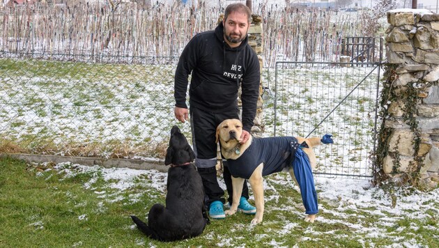 Osman Ceylan mit dem verletzten „Diego“ (re.) und einem weiteren Hund (Bild: Jack Haijes)